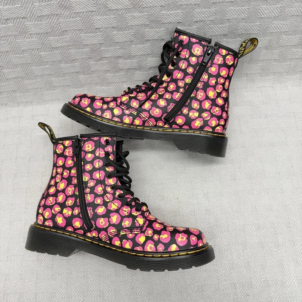Dr. Martens 1460 J Boots Teens Size 3 Black Pink Leopard Ankle Combat 1460J‎